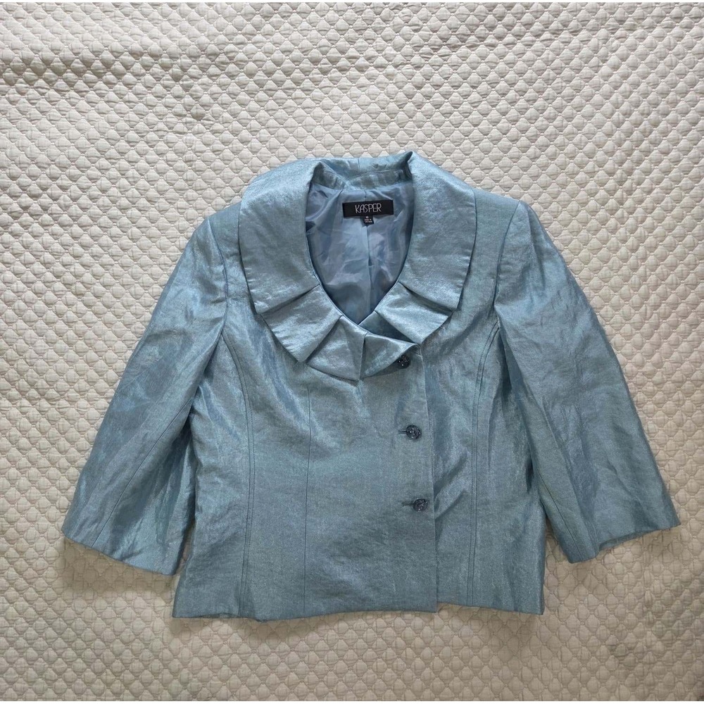 Kasper Womens Light Blue Ruffle Collar Blazer Jacket Size 16 3/4 Sleeve Lined